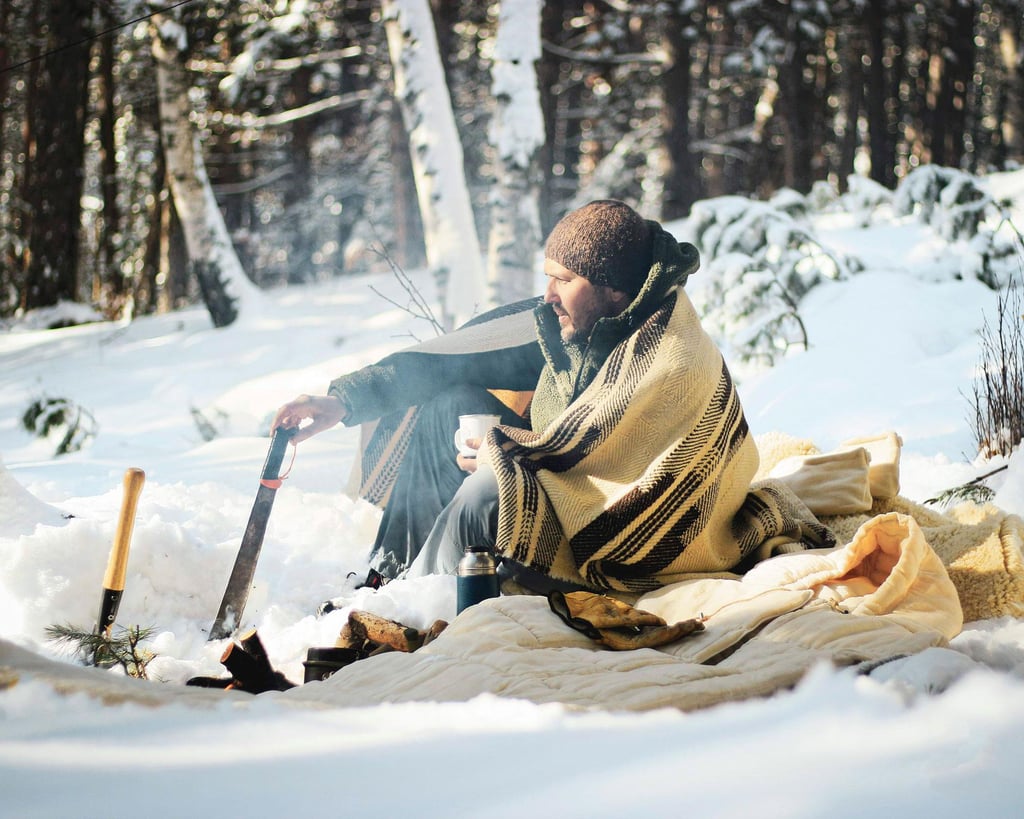 man outdoors winter nomad heat heavy wool blanket