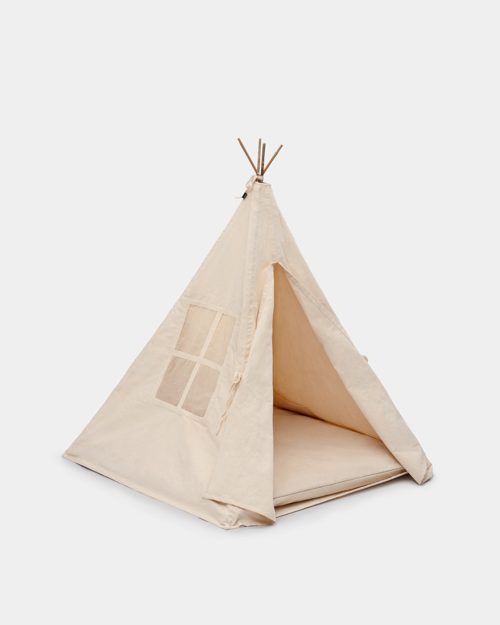 kids teepee tent in full view, wit the curtains open