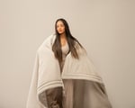 linen wool duvet insert with woman holding it