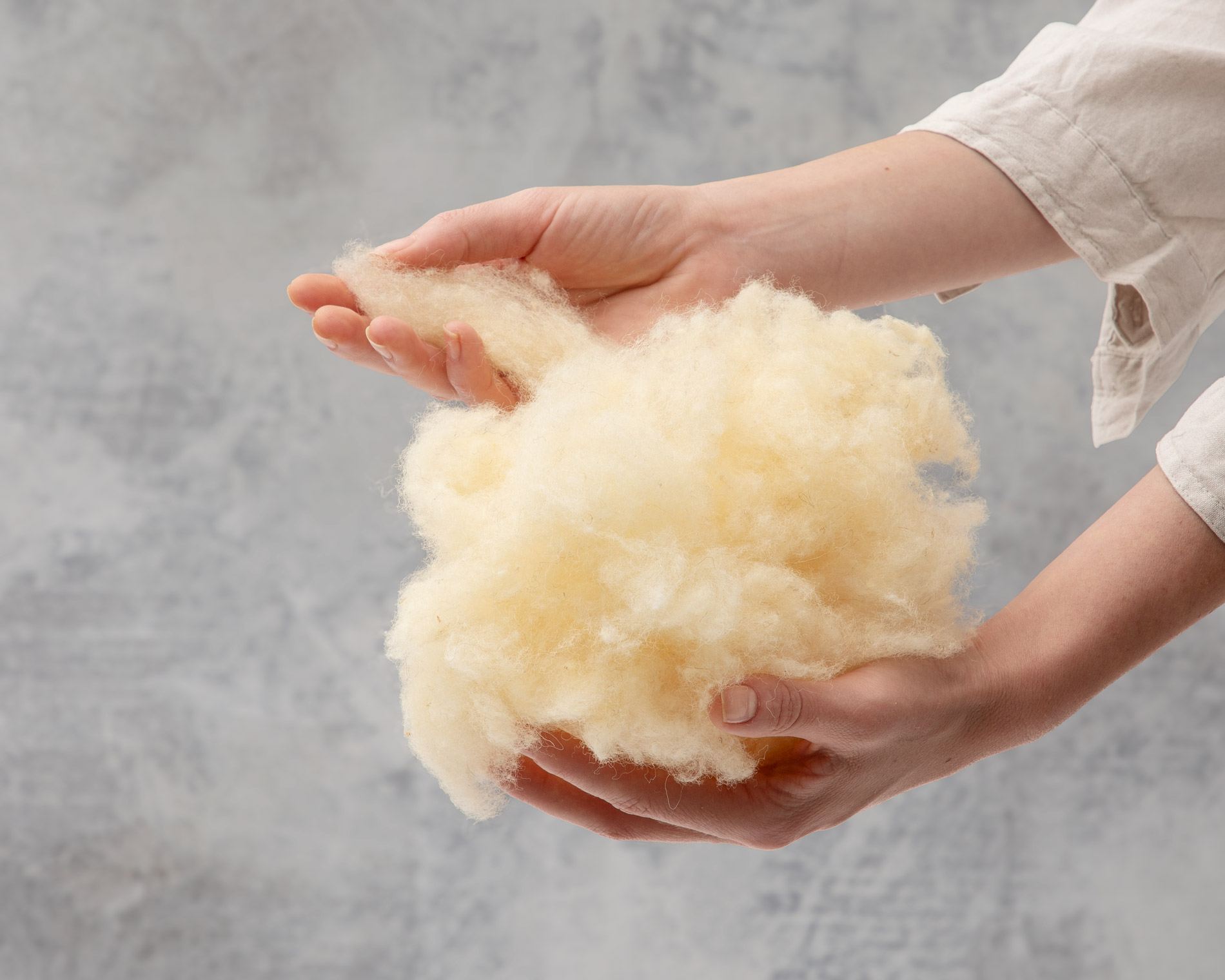 hands holding a ball of organic wool filling