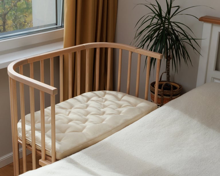 home of Wolle babybay Stubenwagen neben einem Bett in einem Schlafzimmer mit einer Pflanze und ein Fenster mit braunen Vorhang im Hintergrund