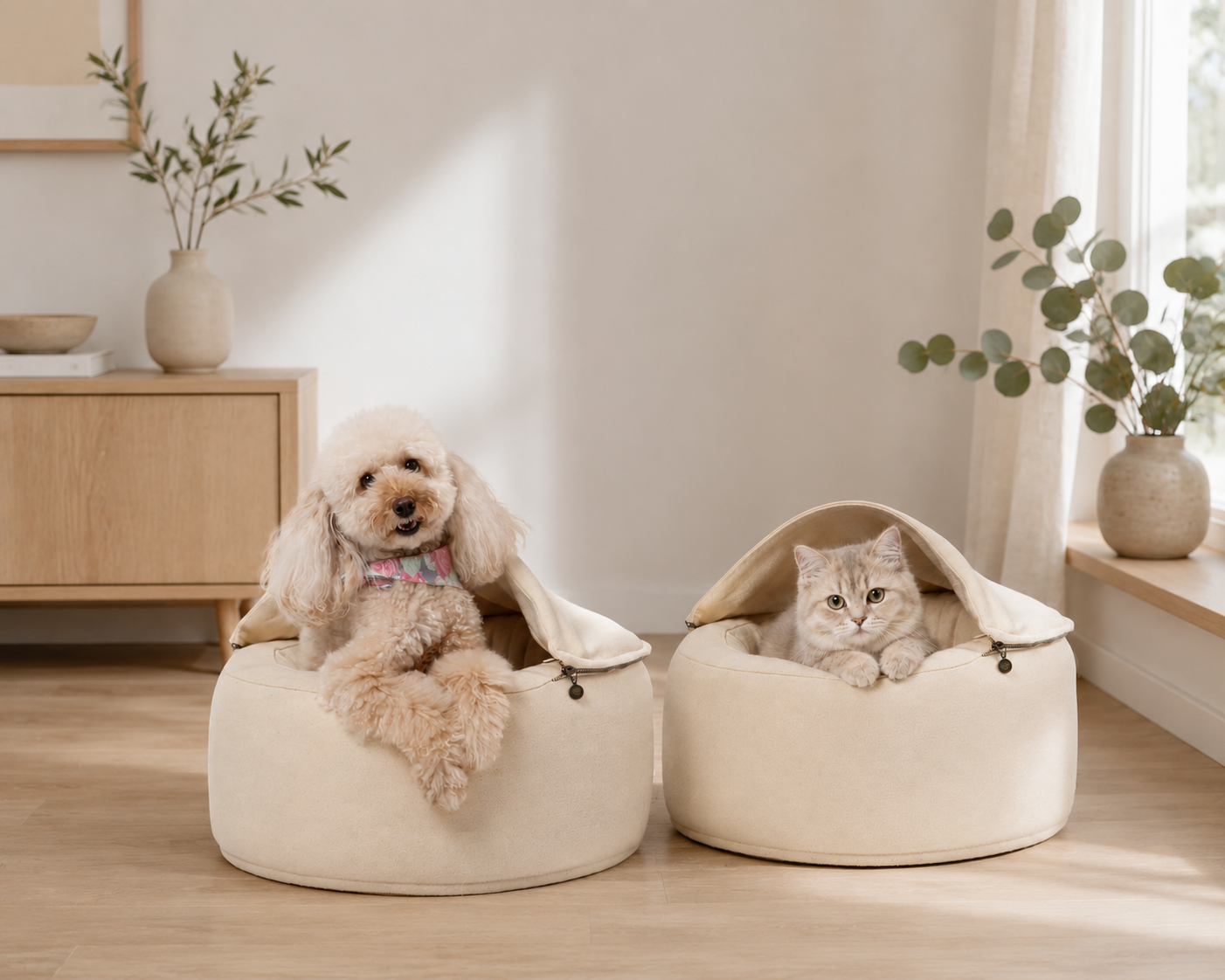 Apricot poodle and cream kitten in matching beige pet beds in a bright Scandinavian-style interior.