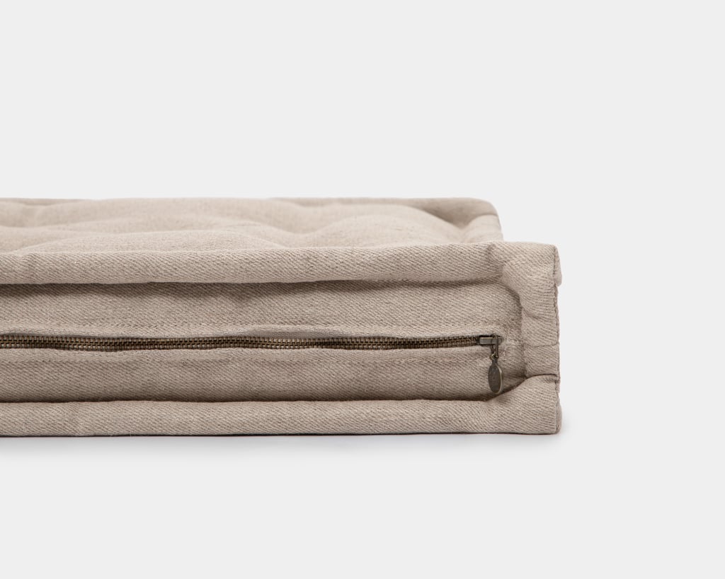Beige linen bench cushion with side zipper detail