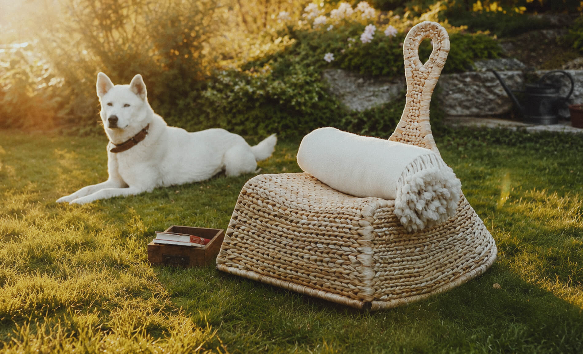 dog relaxing in a sunlit garden beside a woven outdoor chair with a cream cushion