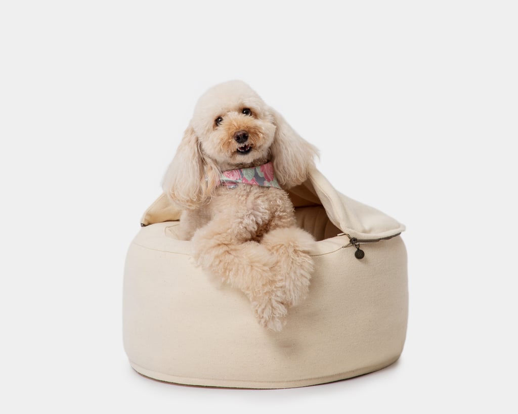 Cama redonda de lana para perro con funda y un perro dentro.