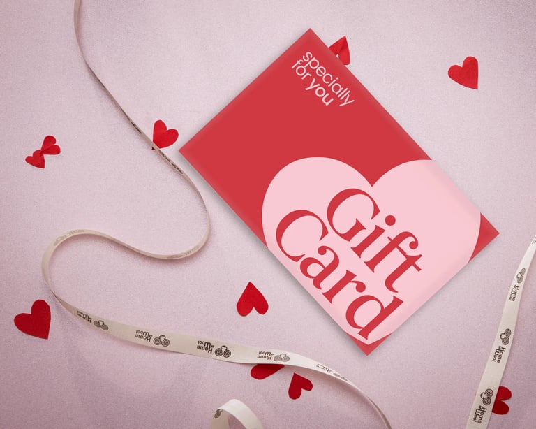 home of wool valentine's day gift card with heards and ribbon